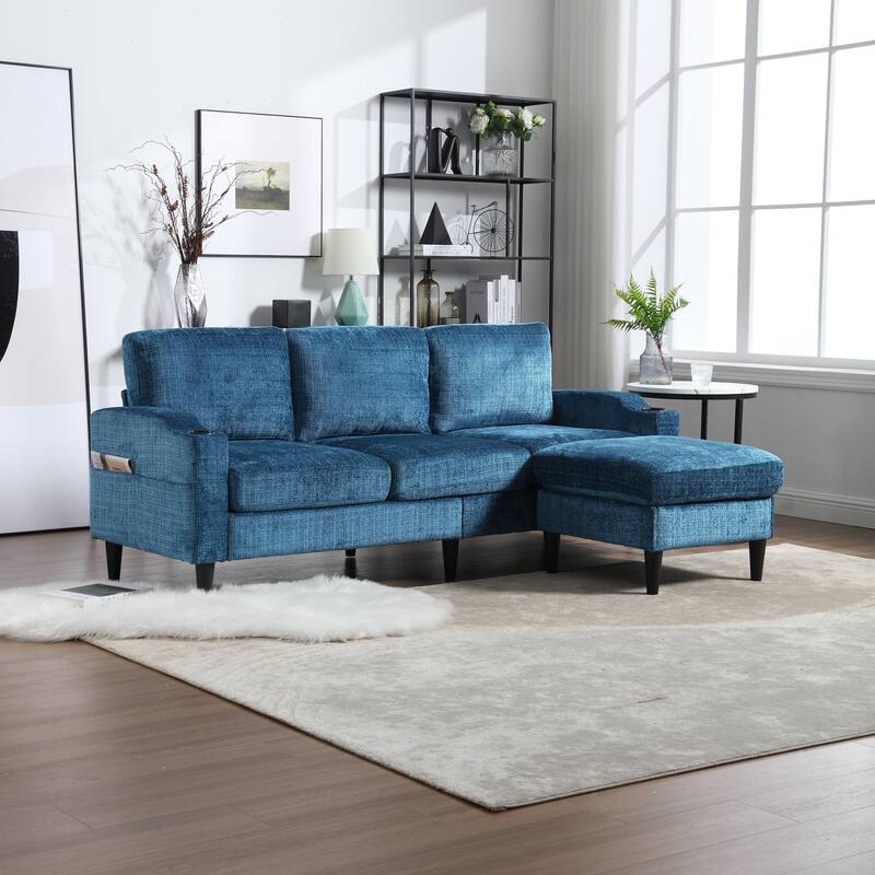 Modular Sectional Sofa with Storage Ottoman, Comfy Chenille Fabric Sofa, 3-Seater Sofa with Side Pockets & 2 Cup Holders