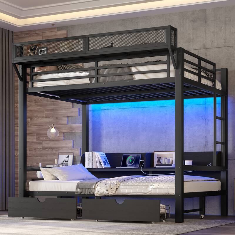 Twin XL over Twin XL Bunk Bed with Storage & Drawers, USB Ports & LED Lights, Convertible Sofa Lower Bed
