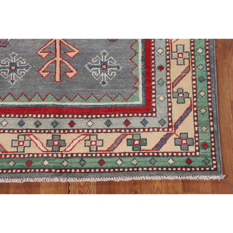 Gray Geometric Kazak Foyer Rug Hand-Knotted Traditional Wool Carpet - 3'4" x 4'9"