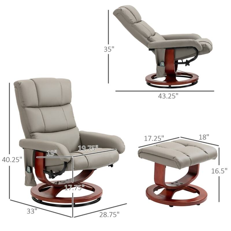 PU Leather Massage Recliner Chair Including Ottoman with Swivel Base and Adjustable Vibration - 28.75" W x 33" D x 40.25" H