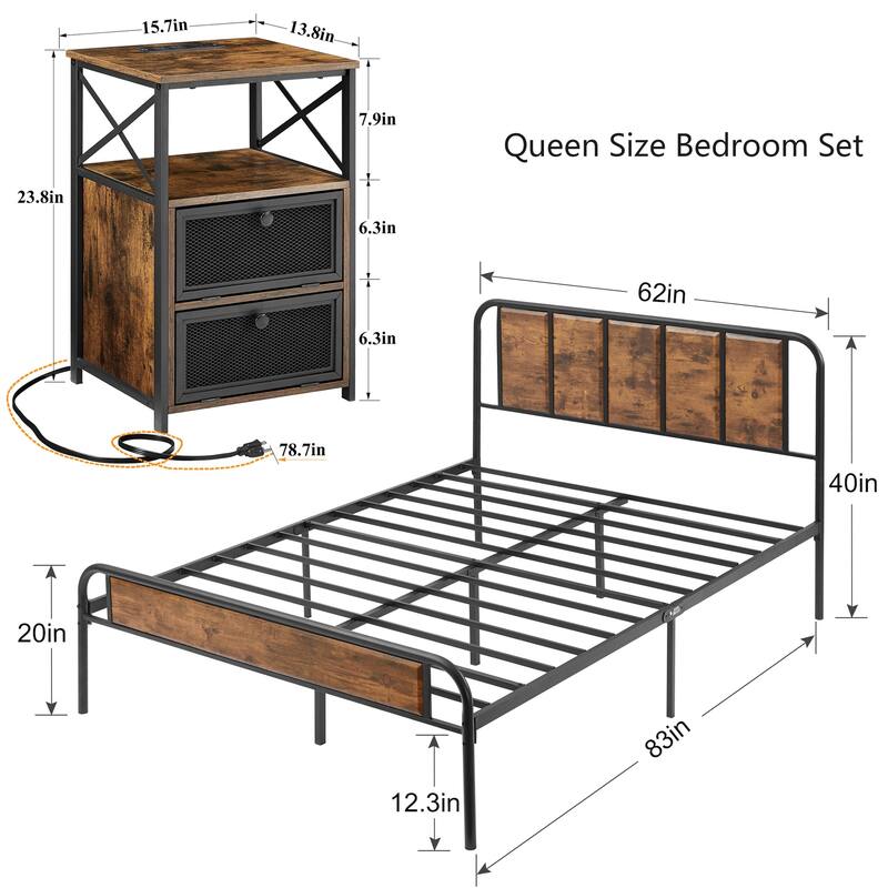 Javlergo 3-Piece Bedroom Set with Platform Bed Frame and Charging Station USB Port Nightstands Set of 2