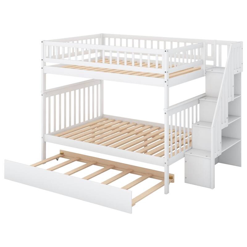 Full Pine Bunk Bed with Trundle and Storage Staircase, Convertible to Two Beds
