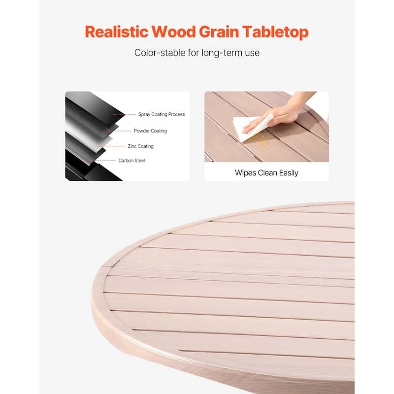 Outdoor Patio Dining Table Gray Wood Grain Carbon Steel Weather Resistant Backyard Bistro Table with Umbrella Hole - 41x28 in