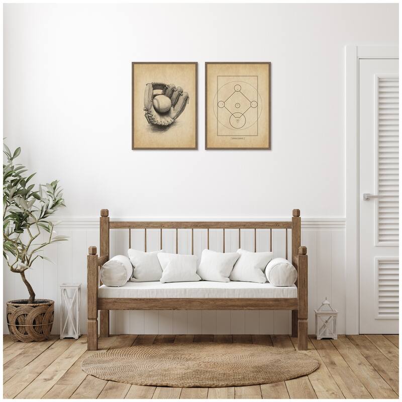 Kate and Laurel Walnut Antique Baseball 2 Piece Framed Canvas Wall Art Set by The Creative Bunch Studio