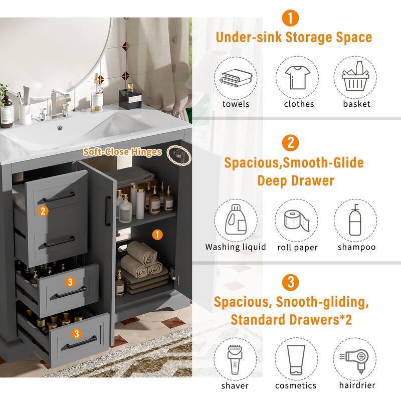 36" Modern Bathroom Vanity with Ceramic Sink, Soft-Close Door, Adjustable Shelf & 3 Drawers, Ample Storage