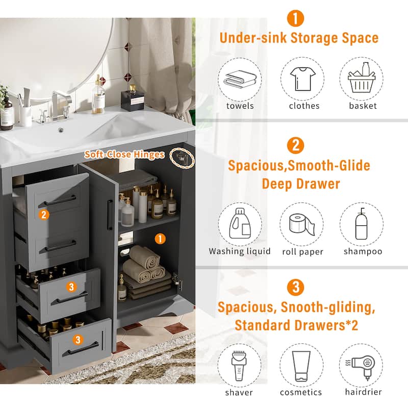36" Modern Bathroom Vanity with Ceramic Sink, Soft-Close Doors & Ample Storage, 3 Drawers and Adjustable Shelf