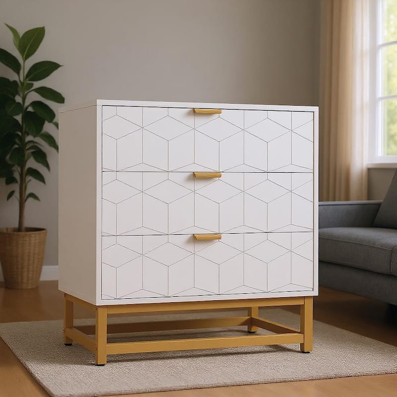 3 Drawer Dresser, with Metal Legs and Gold Handles - White