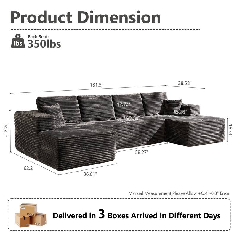 HOOOWOOO U-Shaped Plush Corduroy Modular Sectional Sofa with Chaise Lounge