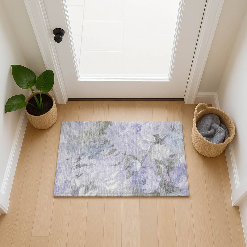 Machine Washable Indoor/ Outdoor Watercolor Floral Chantille Rug