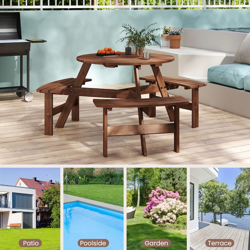 Costway 6-Person Round Picnic Table Set with 3 Built-in Benches 2" - See Details