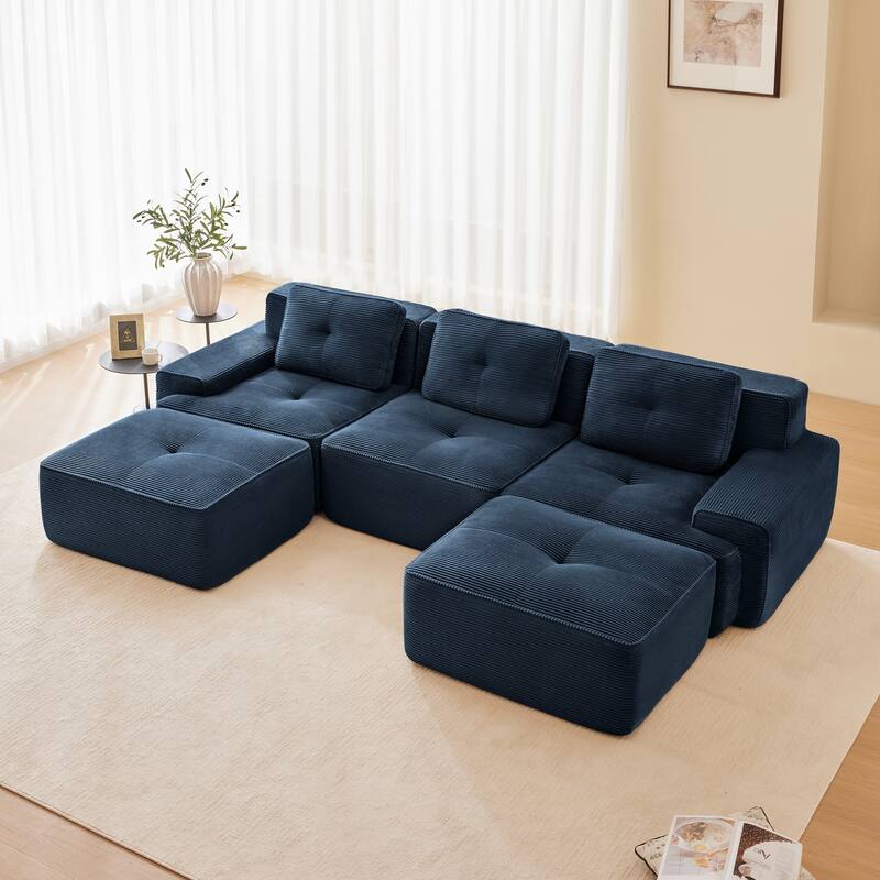 Roomfitters No Assembly Modular Sofa, 117 Inch Corduroy 3-Seater with Piping, Blue