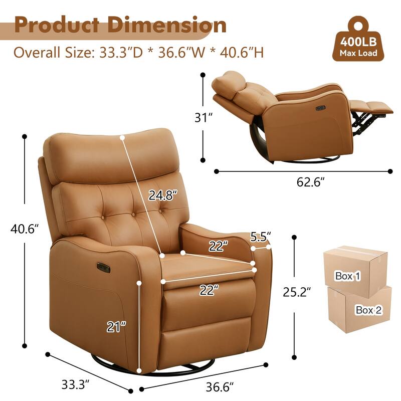 36.6''W Faux Leather Power Swivel Rocker Recliner With USB and Type-C Port