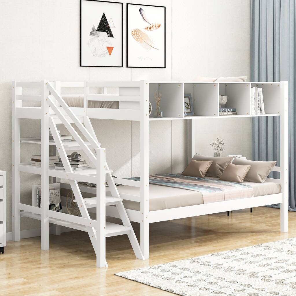 White Twin over Full Wood Bunk Bed with Staircase and Built-in Storage ...