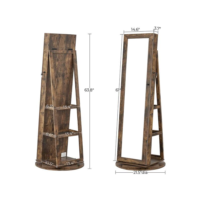Rustic Brown 360° Swivel Lockable Jewelry Cabinet with Full-Length Mirror - 21.5''D x 21.5"W x 63.8''H
