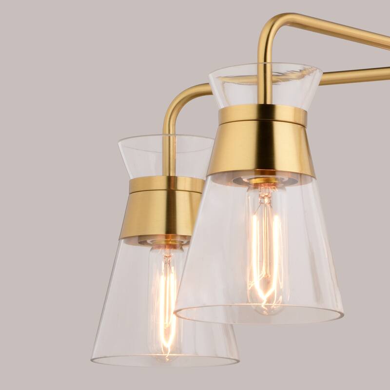 Harper 5-Light 27 in. Wide Natural Brass Gold Mid-Century Modern Chandelier with Clear Glass Cone Shade, Ceiling Fixture