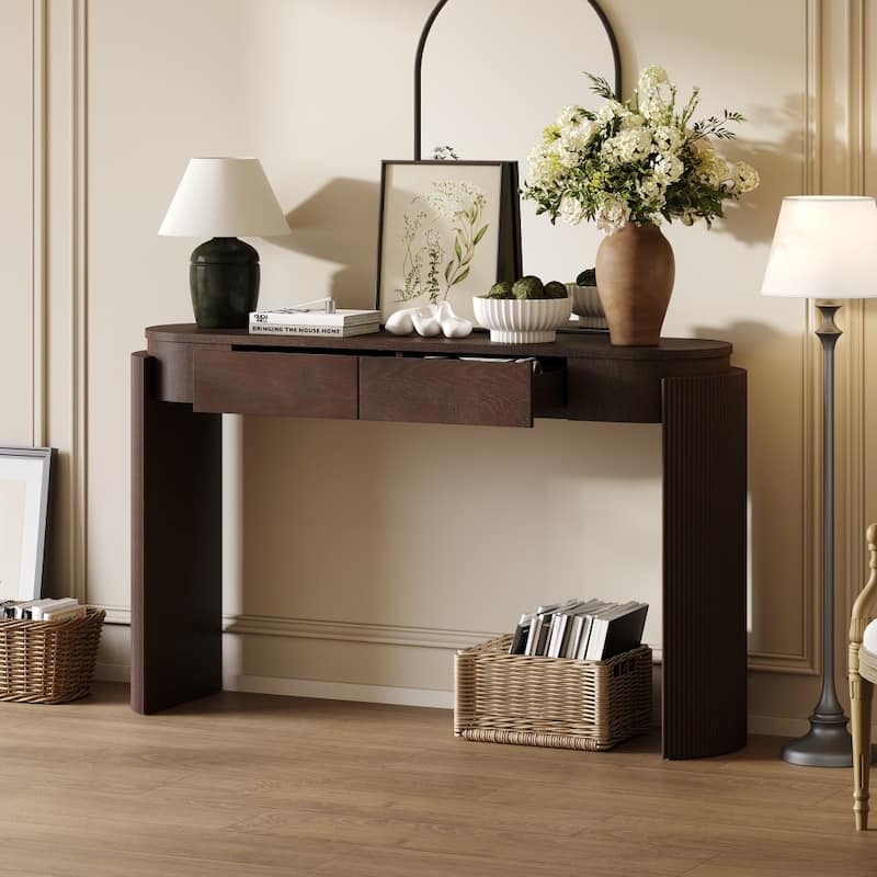 Modern Wooden Entryway Table with Oval Top and 2 Drawers for Living Room