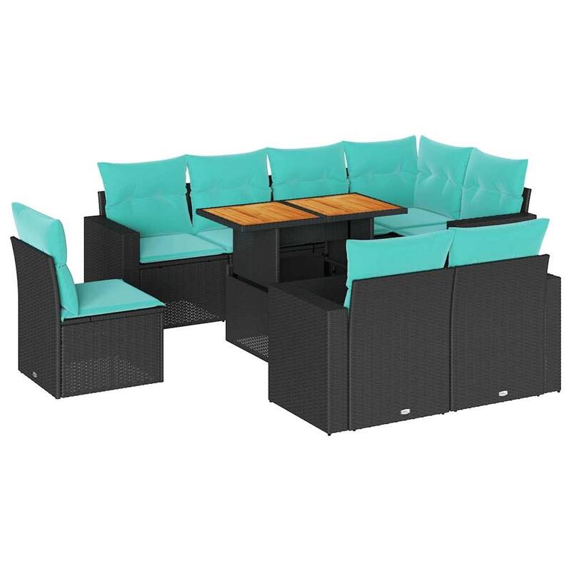 vidaXL 9 Piece Patio Sofa Set with Cushions Black Poly Rattan - 21.7 x 24.4 x 27.2