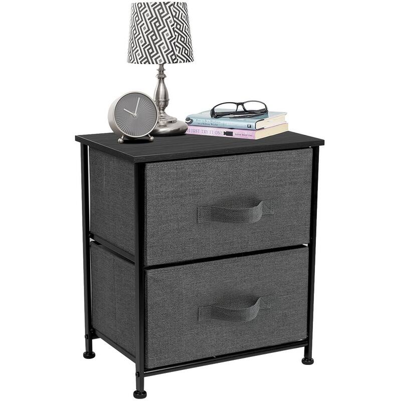 2 Drawer Nightstand Dresser Organizer Steel Frame Wood Top Fabric Bins