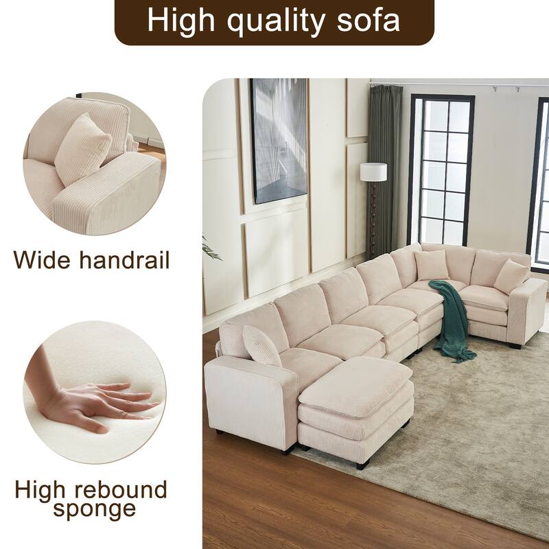 Modular Sectional Sofa for Living Room, U Shaped Sofa Couch with Ottoman and Three Toss Pillows, Corduroy Fabric Sofa Set