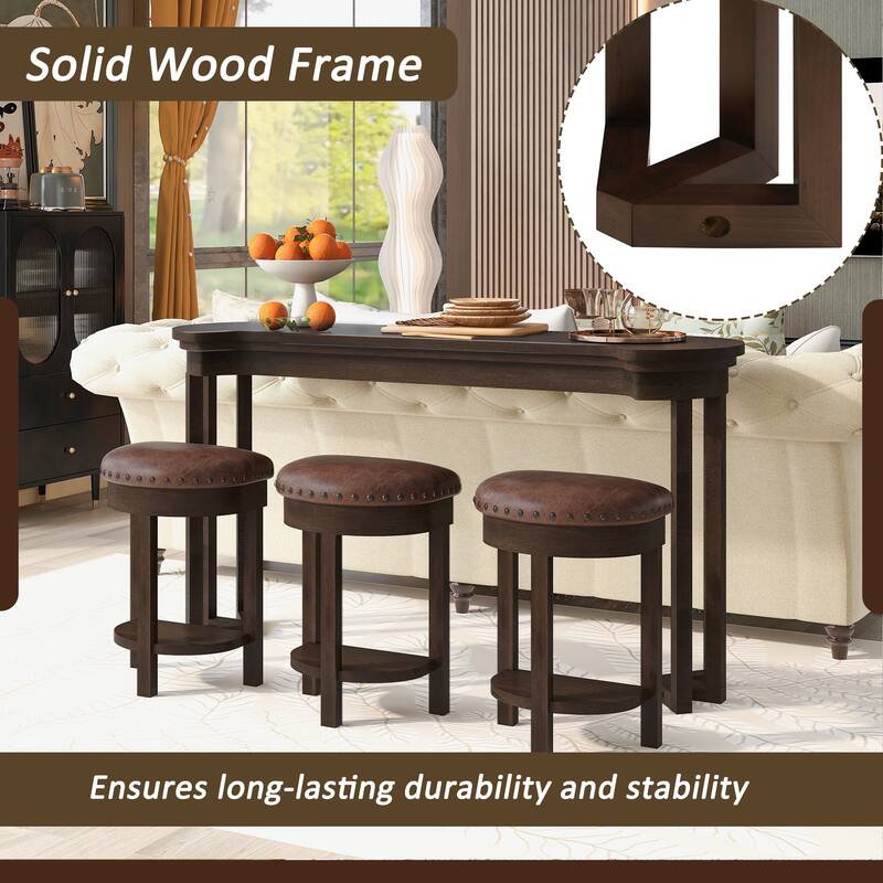 4 Piece Bar Table Set with 3 PU Upholstered Bar Stools, with 3 Padded Stools Solid Wood Counter Height Dining Table Set