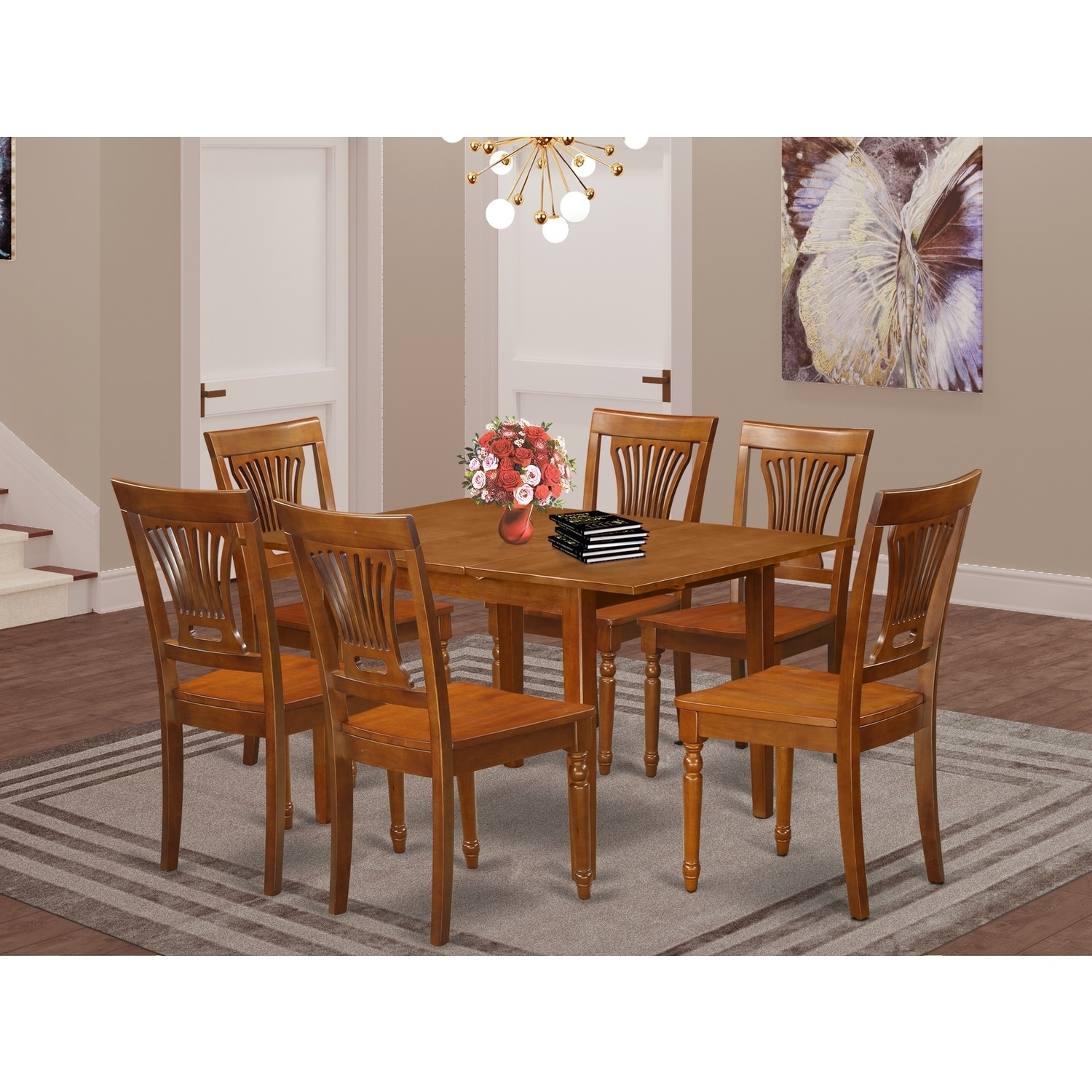 7 Piece Kitchen Dining Set - Rectangle Table with Butterfly Leaf & 6 Chairs - Solid Wood Construction