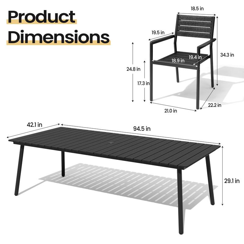 11PC Outdoor Patio Dining Set Aluminum Umbrella Hole Wood Like Table with Stackable Armrest Chairs