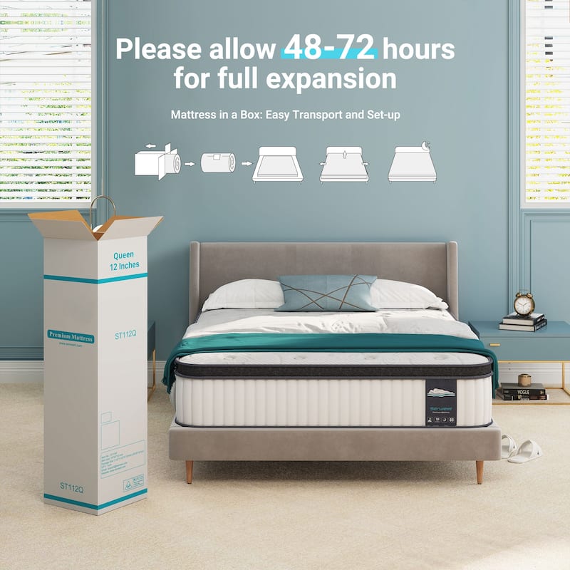 12" Hybrid Mattress - Bamboo Charcoal Foam, 5-Zone Pocket Coils, CertiPUR-US® Certified, Medium Firm Support
