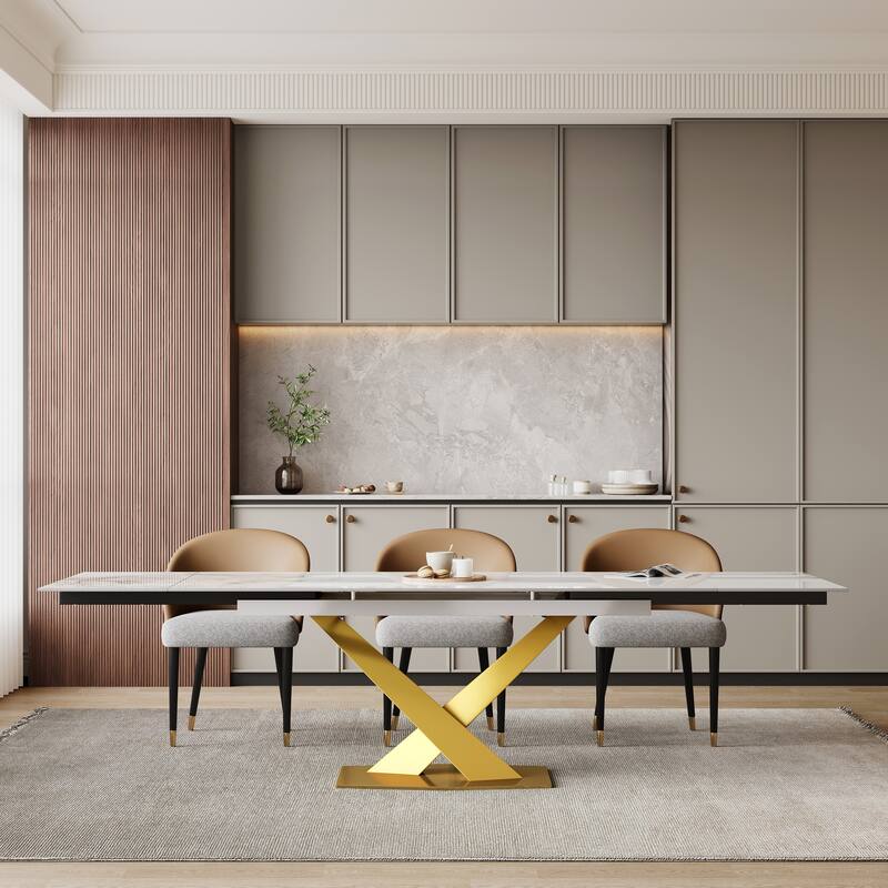 9 - Piece 94.48'' Rectangular Extendable Sintered Stone Dining Table with 8 Faux leather Chairs Dining Set