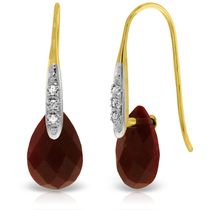 14K Solid Gold Fish Hook Earrings w/ Diamonds & Dangling Dyed Rubies - Yellow