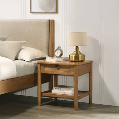Light Walnut Nightstand, Single Drawer with Storage Shelf, Modern Side Table