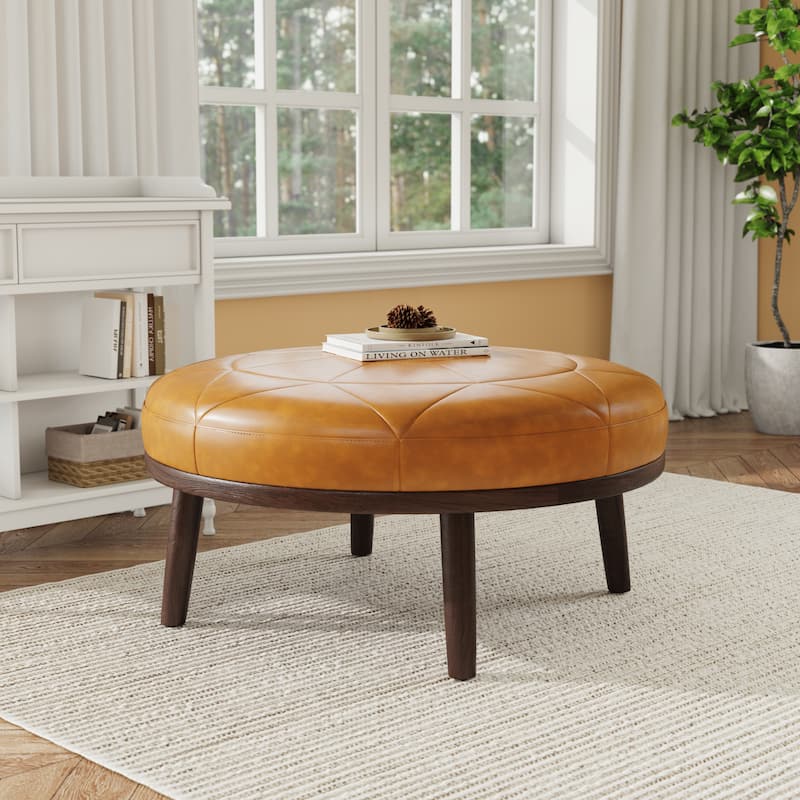 UIXE Full Grain Genuine Italian Leather Round Ottoman Modern Oversize Side Tble - Grey