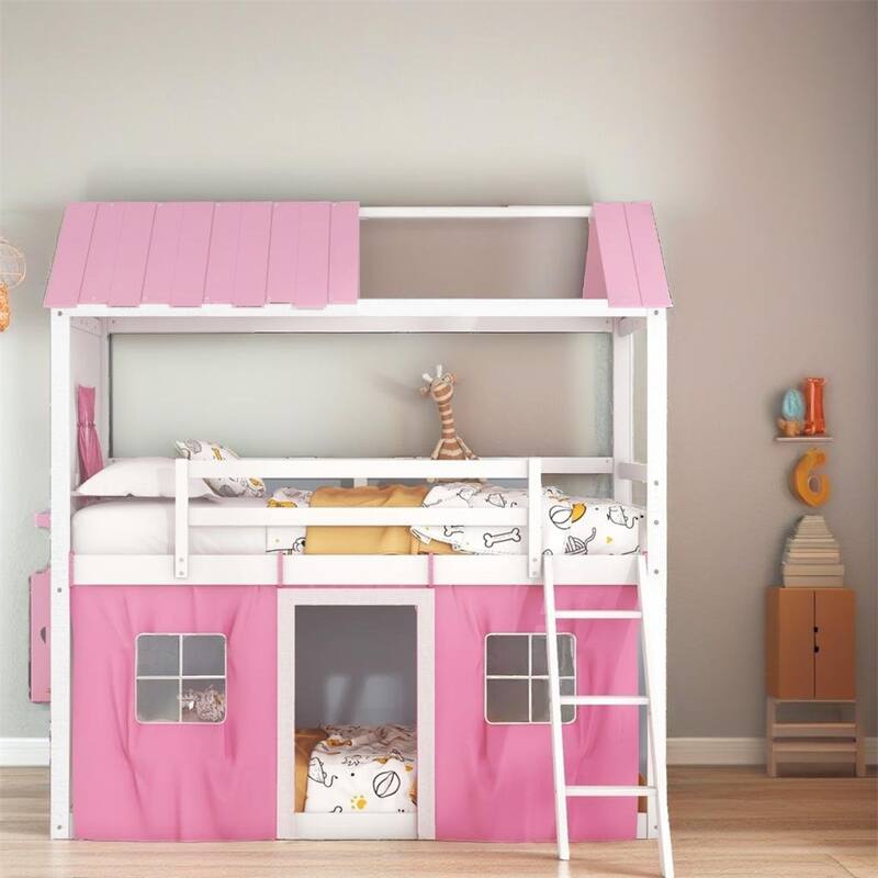 Twin Size Bunk Wood House Bed with Elegant Windows,Sills and Ten - Pink+White