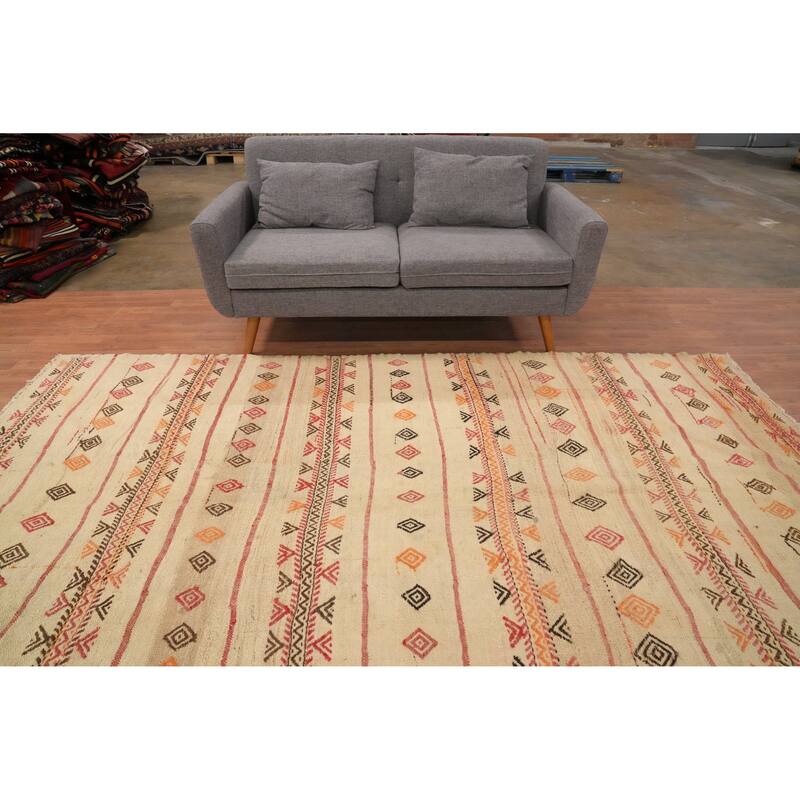 Hand Woven Oriental 100% Wool Carpet Southwestern Tribal Beige & Ivories Kilim Area Rug - 10' 1'' X 6' 1''