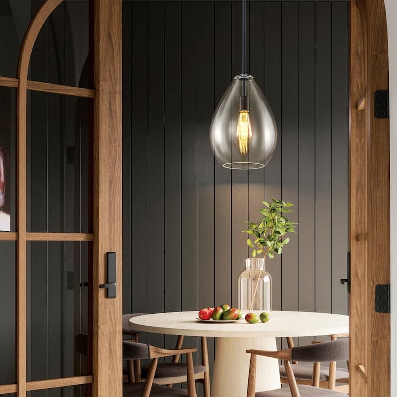 1-Light Modern Industrial Kitchen Island Pendant Light with Clear Olive-Shaped Glass Shade