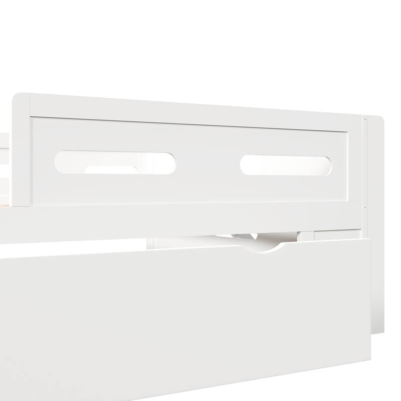 Kids Low Loft Bed with Stairs, Large Drawer and Guardrail, Semi-Enclosed Fence Platform Toddler Bed, Wooden Storage Daybed