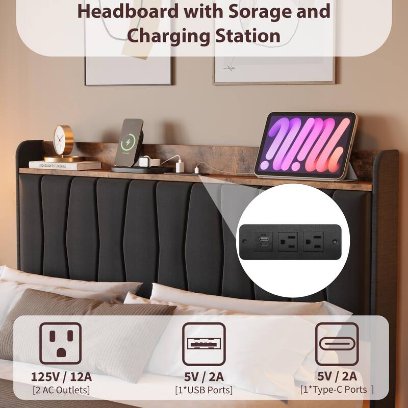 Full/Queen/King Floating Bed Frame with LED Lights & Charging Station, Upholstered Platform Bed with Storage Headboard