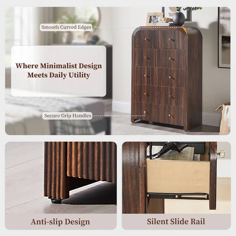 Modern Fluted 5 Drawers Dresser, Wood Chest of Drawers for Bedroom