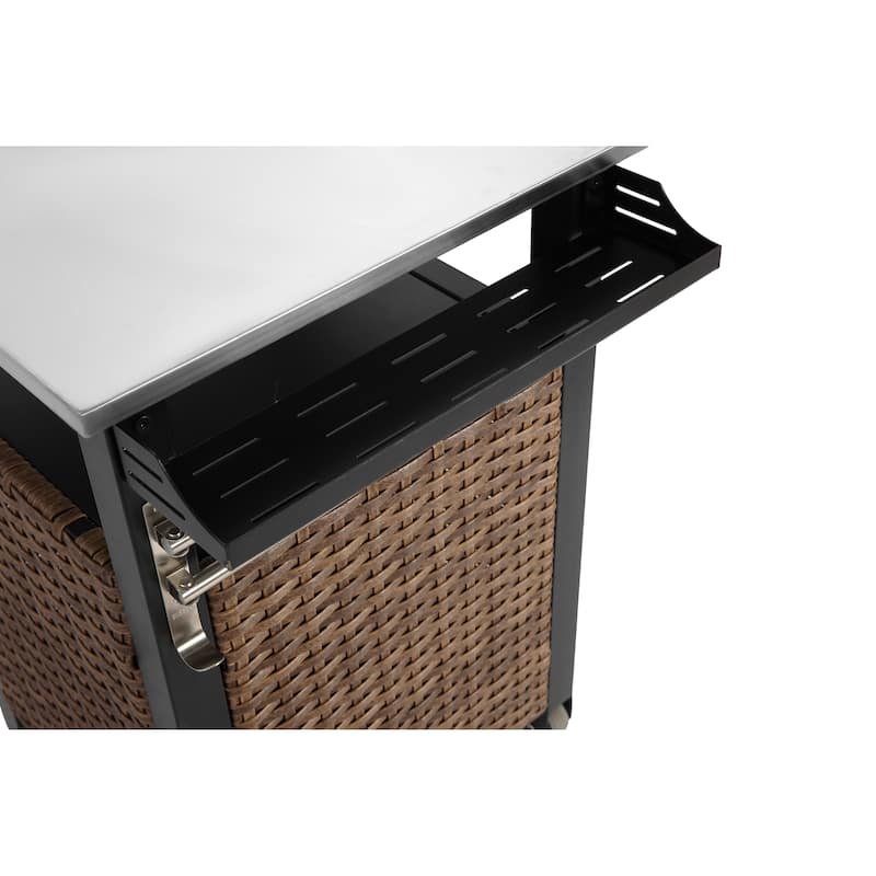 Single door bar cart,Outdoor Kitchen Wicker Island Rolling Cart & Storage Cabinet, Wheels and Stainless Steel Extended Table Top