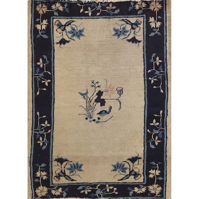Vegetable Dye Art Deco Chinese Antique Rug Hand-Knotted Wool Carpet - 3'10"x 4'7"
