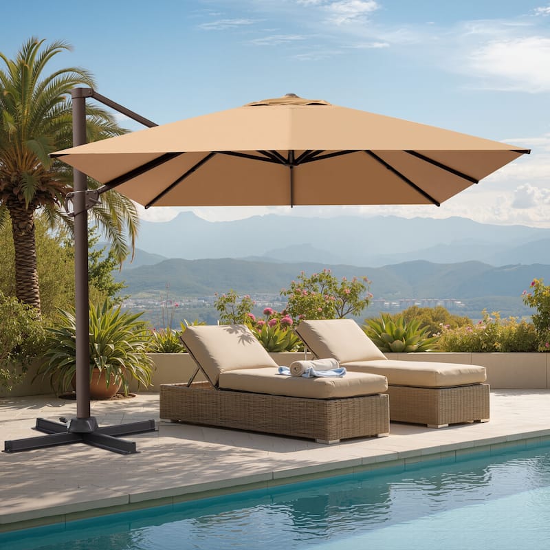 10 x 13 FT Luxury Outdoor Shade Canopy Patio Cantilever Offset Umbrella Aluminum with 360-degree Rotation - Tan