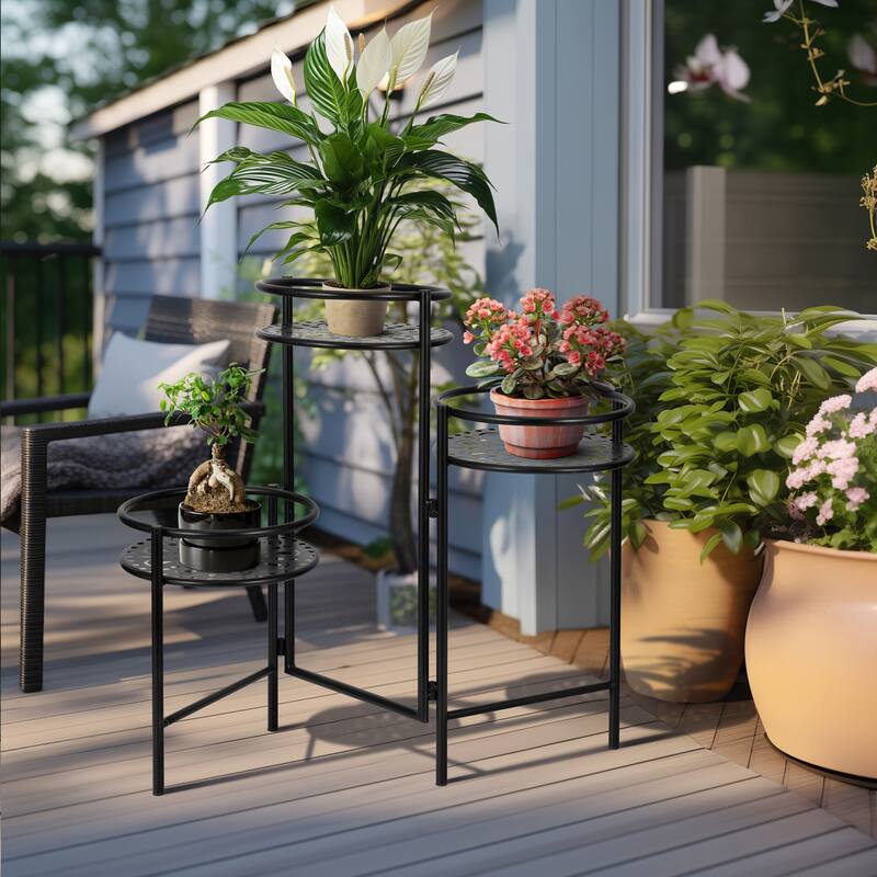 Sagebrook Home 22" Metal Folding 3Tier Plant Stand, Round, 22"H, Solid Color - 10" x 10" x 22" - Black