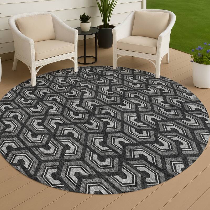 Machine Washable Indoor/ Outdoor Modern Zoa Chantille Rug - Black - 8' x 8'