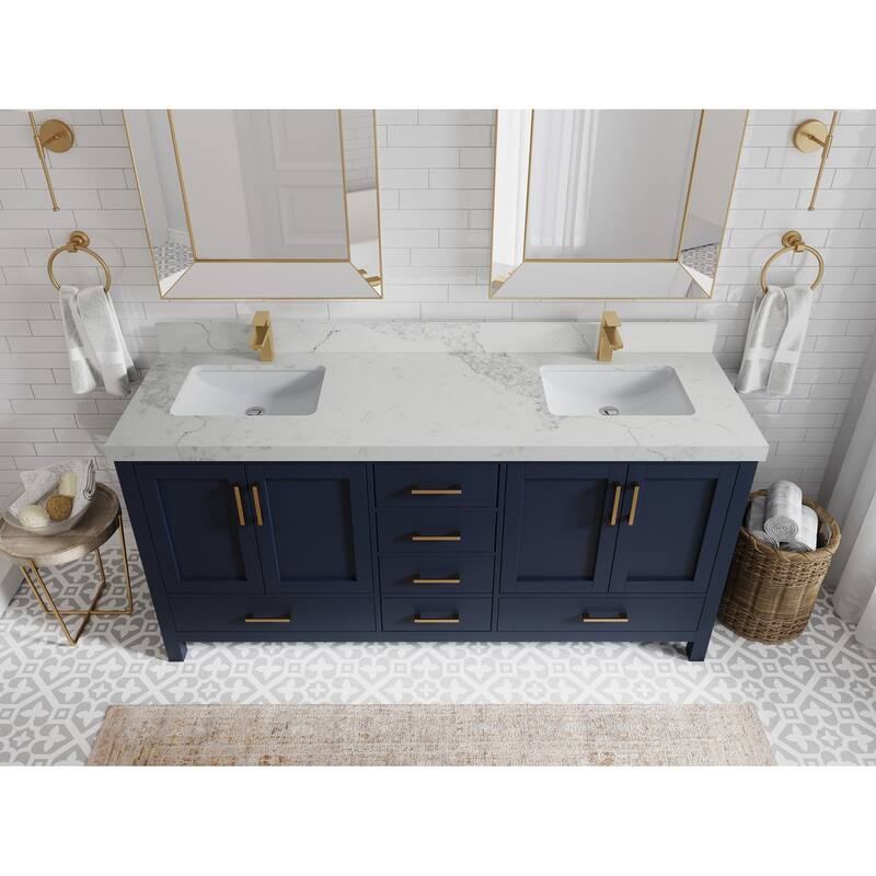 Willow Collection 72 in. W x 22 in. D Malibu Double Sink Bathroom Vanity with Countertop - 2" Calacatta Nuvo - Navy Blue