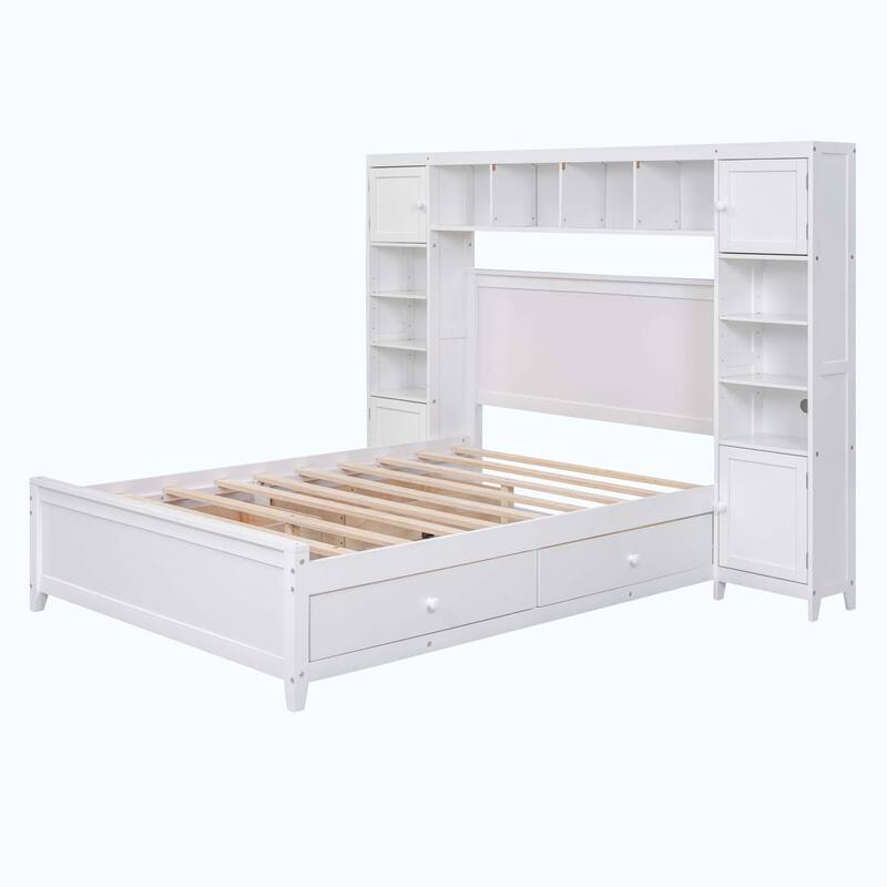Full Size Wooden Bed With All-in-One Cabinet and Shelf