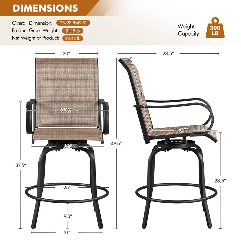Yaheetech 2pcs Outdoor Swivel Bar Stools Patio Bistro Chairs with High Back and Armrest