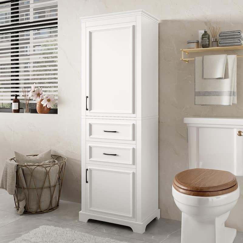 Bathroom Freestanding Storage Cabinet White Tall Cabinet with Adjustable Shelves, Black Handles and Anti-Tipping Design聽