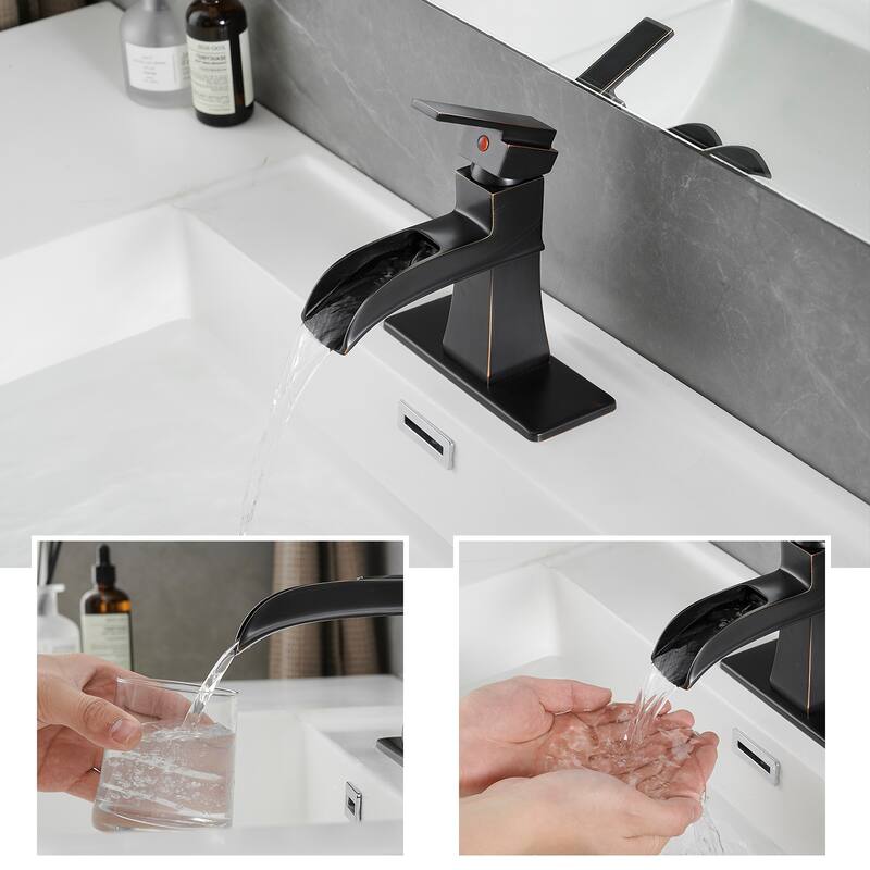 Sink Faucet With Deck Plate Waterfall ORB with Pop Up Drain and Supply for Sink 1 Hole One Handle Faucets Vanity Bath Mixer Tap