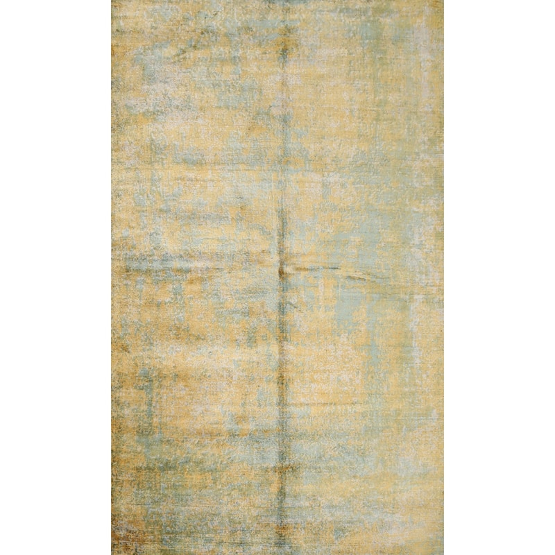 Hand Knotted Oriental Viscose Silk Carpet Modern Pictorial Yellow & Gold Abstract Area Rug - 6' 6'' X 4' 5''