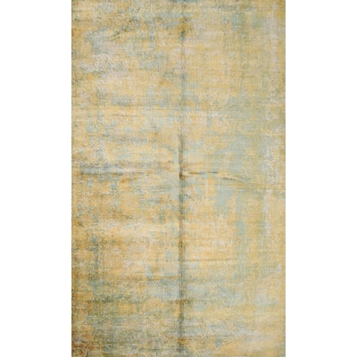 Hand Knotted Oriental Viscose Silk Carpet Modern Pictorial Yellow & Gold Abstract Area Rug - 6' 6'' X 4' 5''