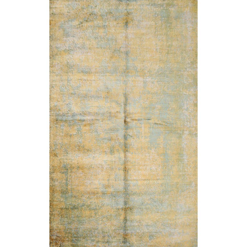 Hand Knotted Oriental Viscose Silk Carpet Modern Pictorial Yellow & Gold Abstract Area Rug - 6' 6'' X 4' 5''